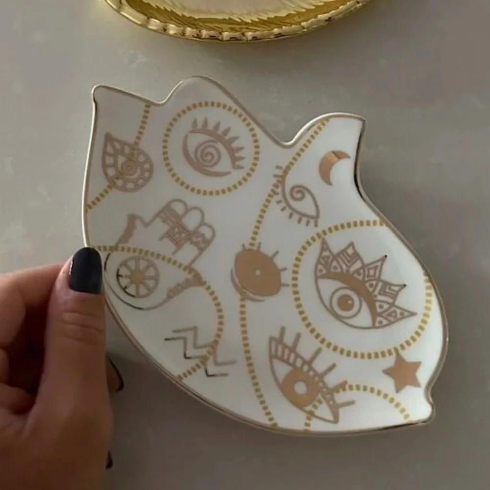 New Ceramic Hamsa Hand Evil Eye Gold Illustrative Jewelry Tray ~ Trinket Tray - Picture 7 of 12